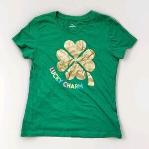 St. Patrick's Green Lucky Charm Gold Clover T Shirt Yourh Girls Sz L (10-12)